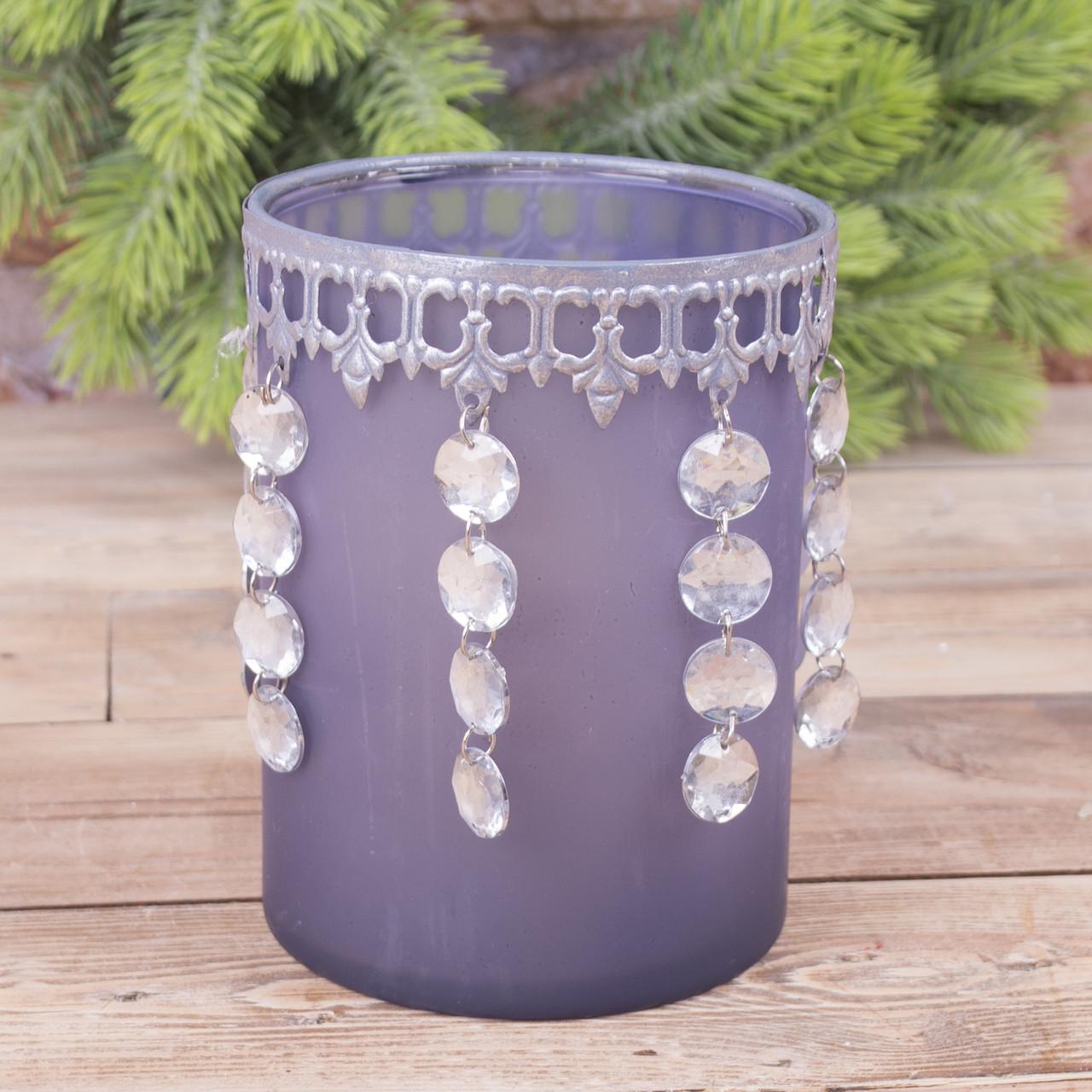 Подсвечник стеклянный с висячими кристаллами Cерый (1610-3)