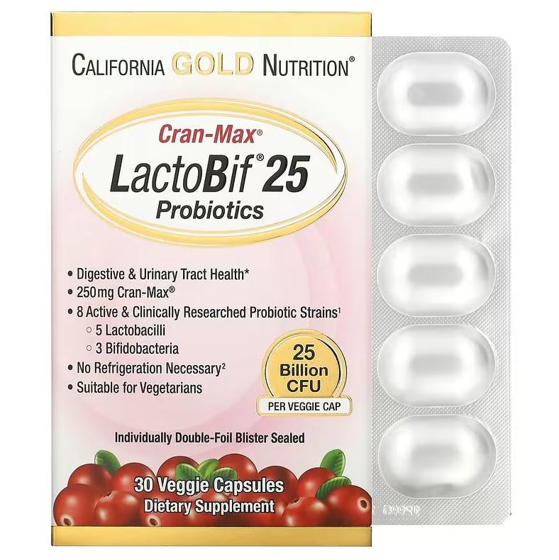 Пробиотик California Gold Nutrition Lactobif 25 Billion + Cranmax 30 капсул