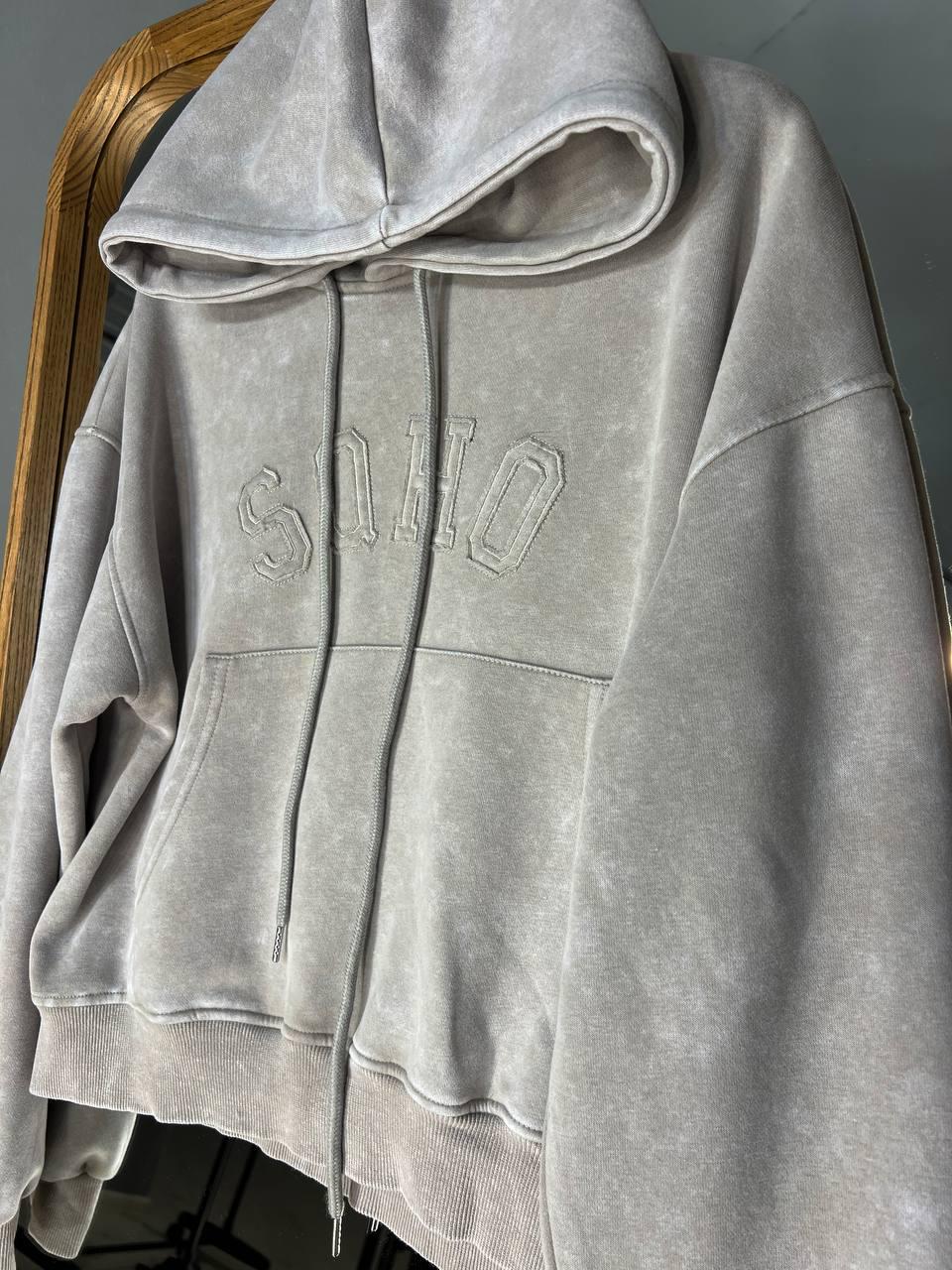 Худи женское JOY ONE 25513 вареное тай-дай вышивка впереди с капюшоном средняя длина OS Бежевый (3314) - фото 3