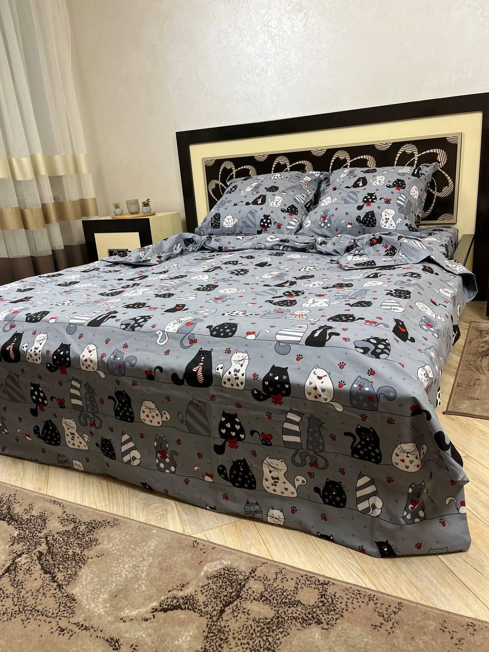 Комплект постельного белья Мурчики хлопковый полуторный 150х220/70х70 см Серый (18002650) Комплект постельного белья Мурчики хлопковый полуторный 150х220/70х70 см Серый (18002650)