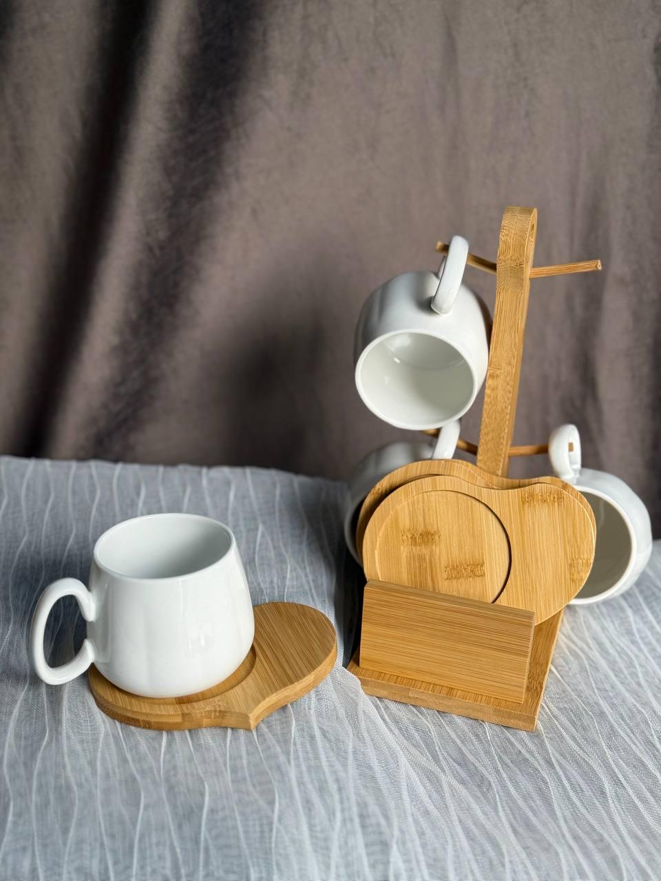 Набор кружок керамических Elisey Тандем на бамбуковой подставке 4 шт. 170 мл/25 см 4 шт. Белый (125-81-9184-003)