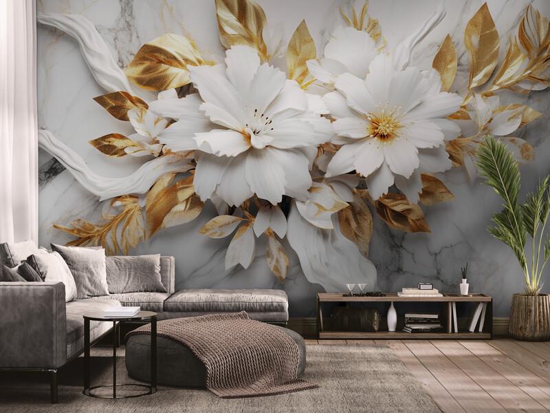 Фотообои бесшовные с эффектом объема Бело-золотые цветы (S2046)