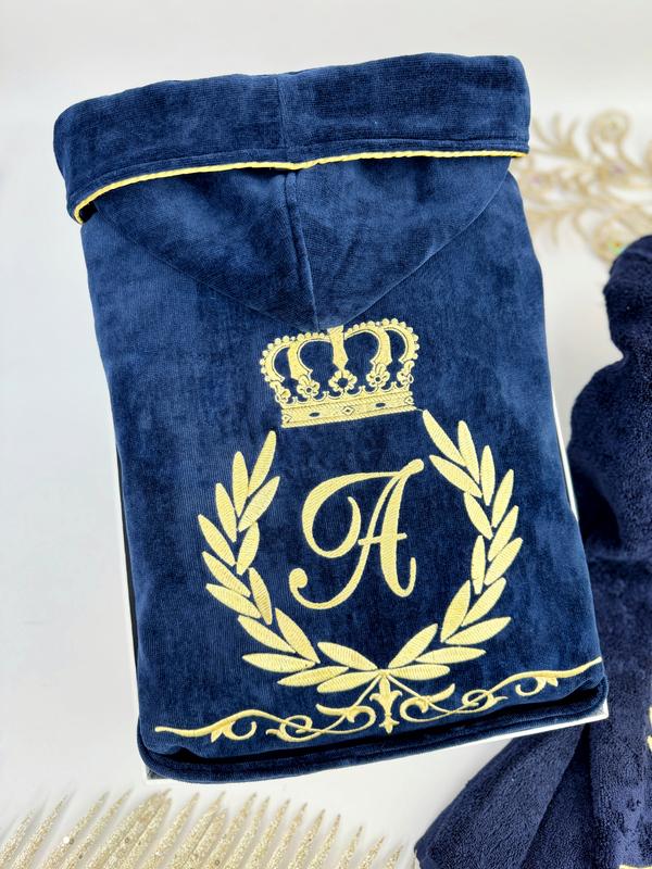 Банный набор мужской Family Tradition Королевский вензель велюровая махра с вышивкой Темно-синий (50302) - фото 4