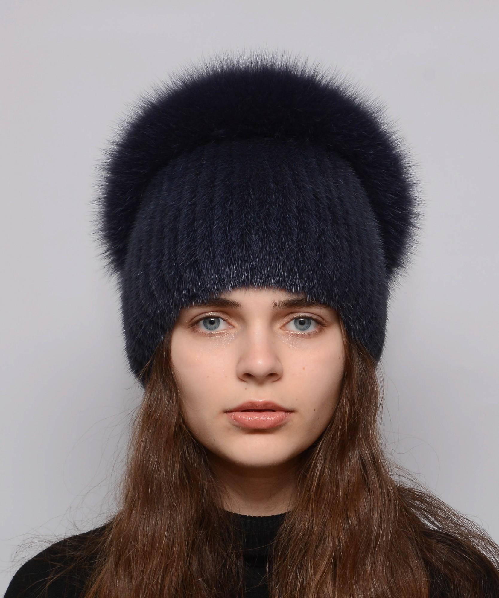 Женская вязаная норковая шапка Меховой стиль Калач натуральный мех Темно-M-L Синий (122/А)