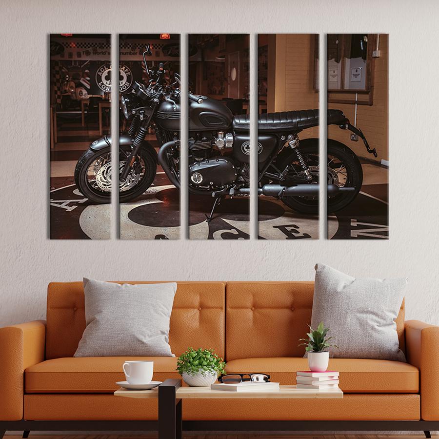 Картина модульная из 5 частей Чёрный мотоцикл Triumph Bonneville L 132x80 см (86-51)