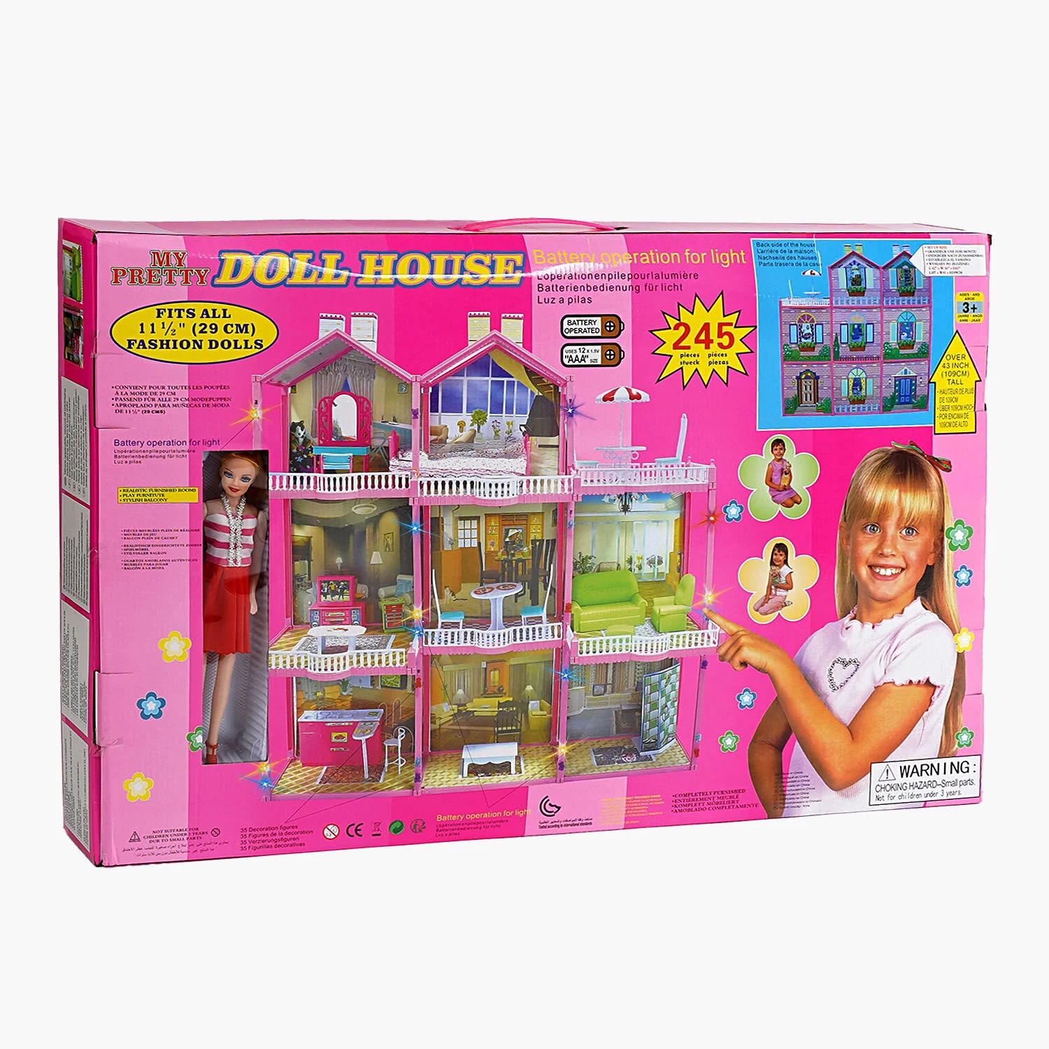 Домик детский для кукол 3 этажа/свет/мебель Pink (81346)