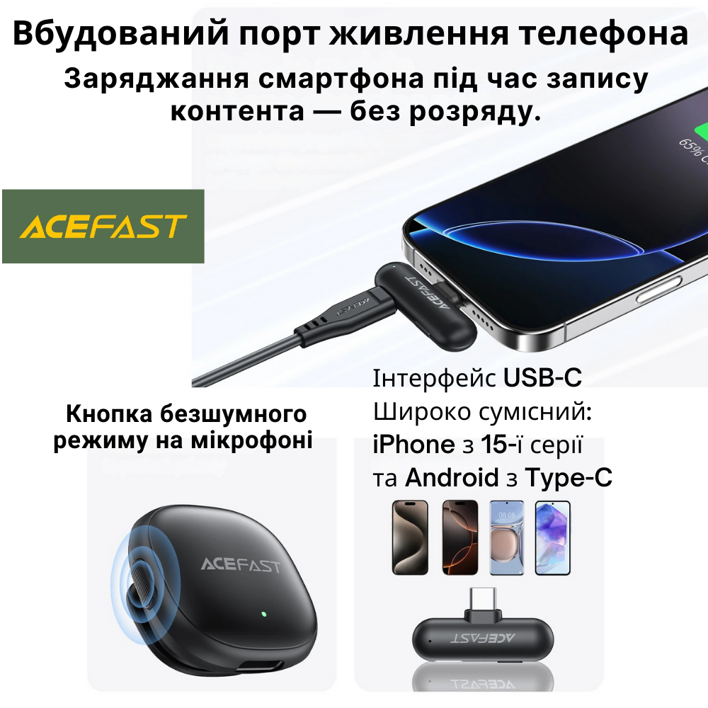 Мікрофон петличний бездротовий Acefast Type-C подвійний з шумопоглинанням (R1) - фото 6