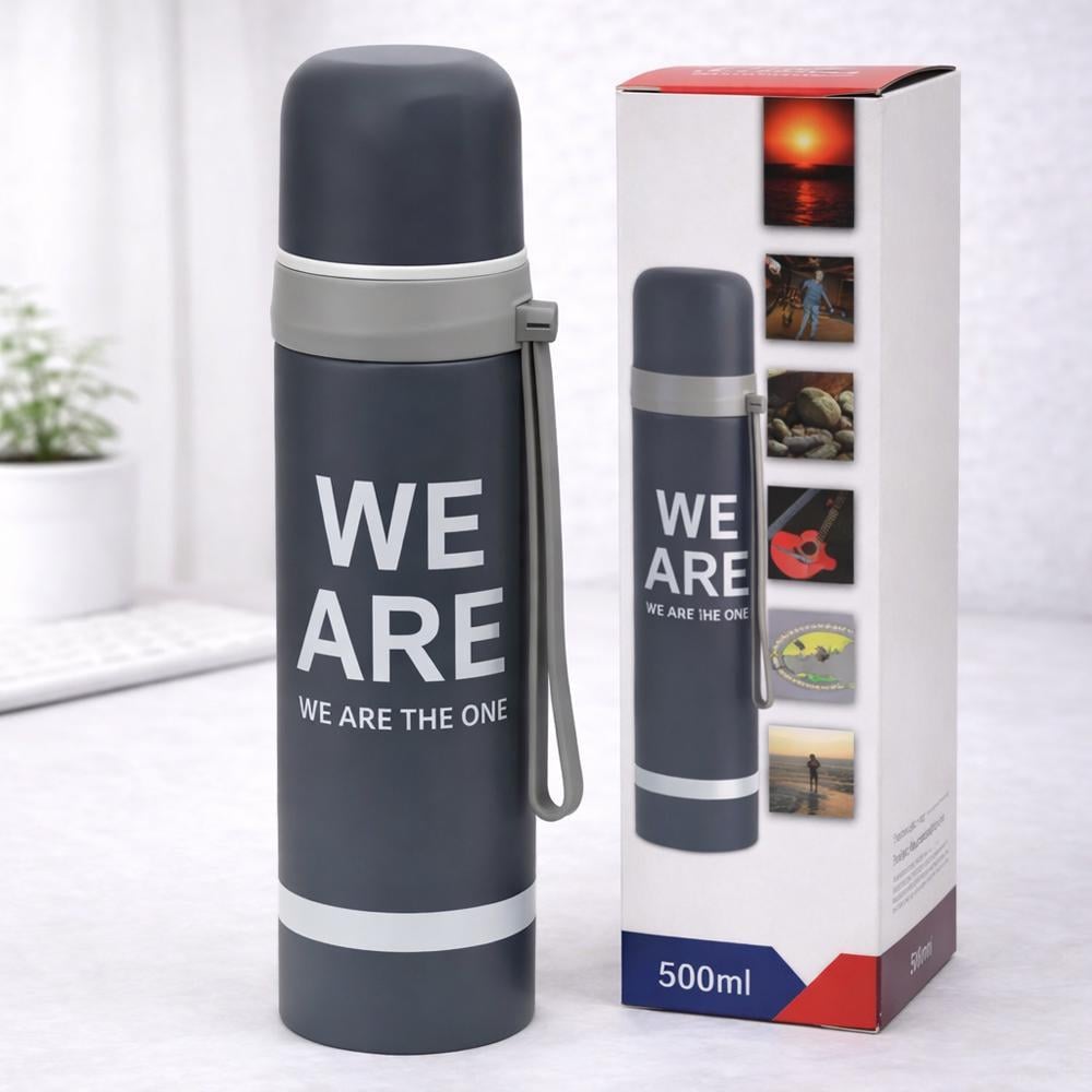 Термос спортивный 106511 500 мл из нержавеющей стали с кнопкой для питья и ремешком Серый