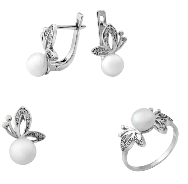 Комплект срібний Метелики каблучка/сережки/кулон із перлинами Комплект срібний Метелики каблучка/сережки/кулон із перлинами