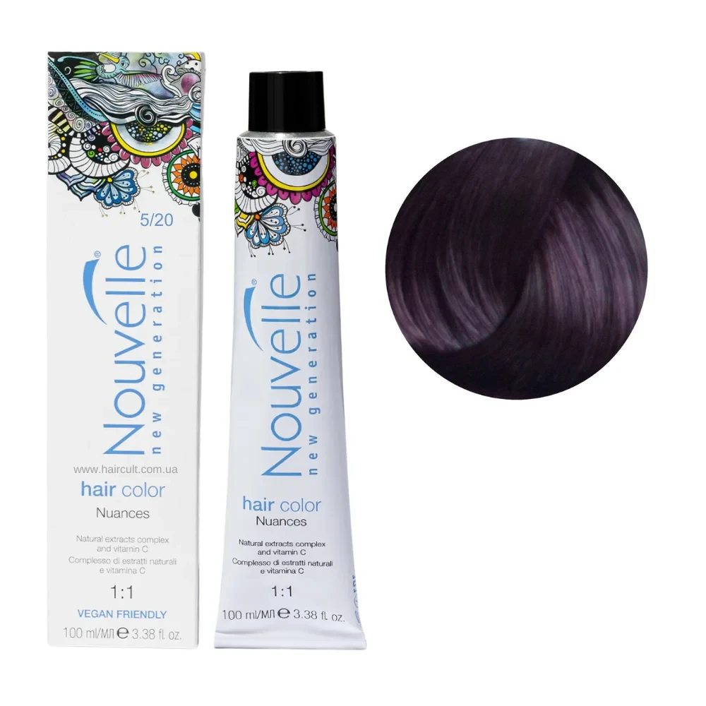 Краска для волос Nouvelle Hair Color 5/20 Светло-фиолетовый коричневый 100 мл Краска для волос Nouvelle Hair Color 5/20 Светло-фиолетовый коричневый 100 мл