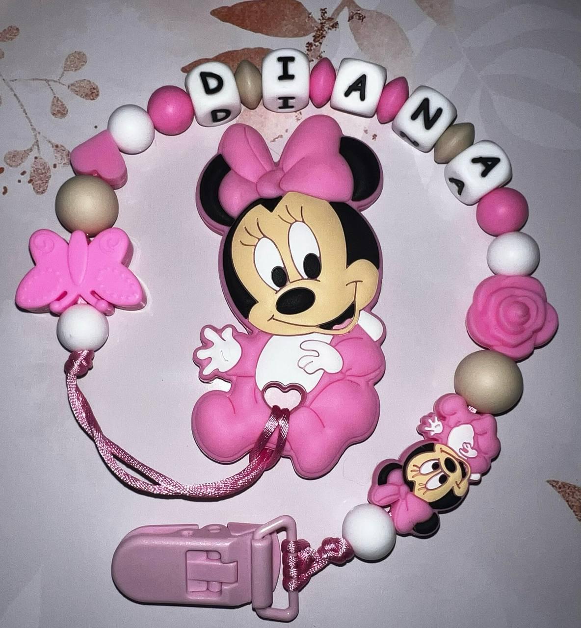 Тримач для пустушки іменний з гризунцем силіконовий Мінні 97 Рожевий (2741673822)