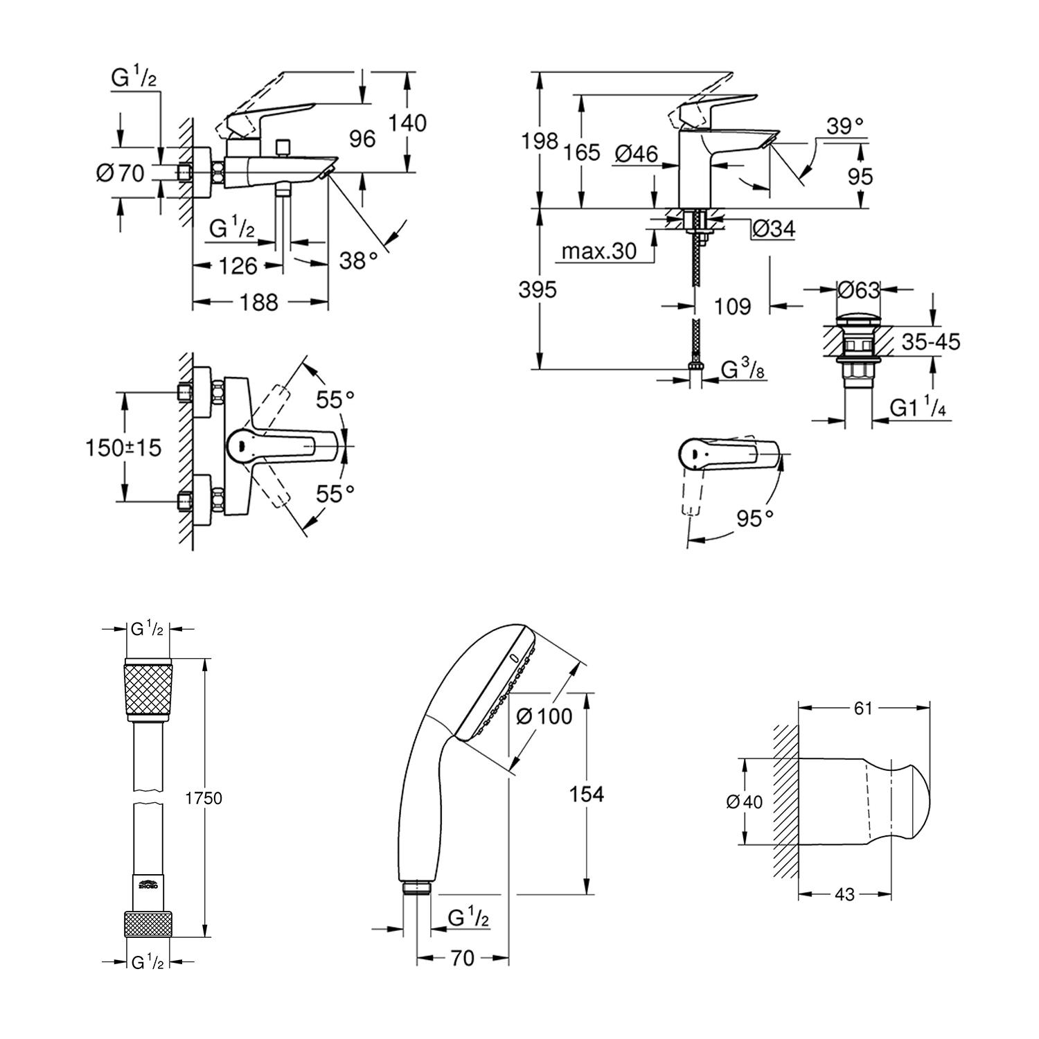 Набор смесителей для ванны Grohe QuickFix Start UA303301SQ CV032757 Черный (195806) - фото 2