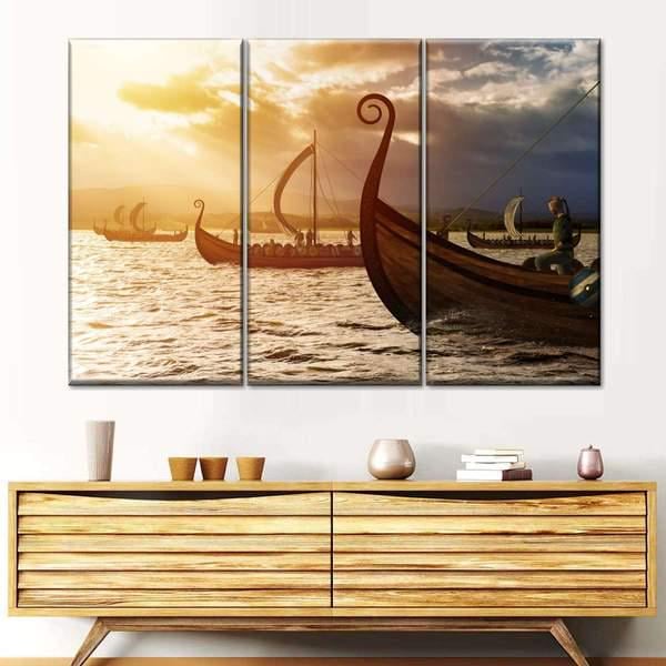 Модульная картина KIL Art Флотилия викингов из трех частей 128x81 см (M3_L_70)