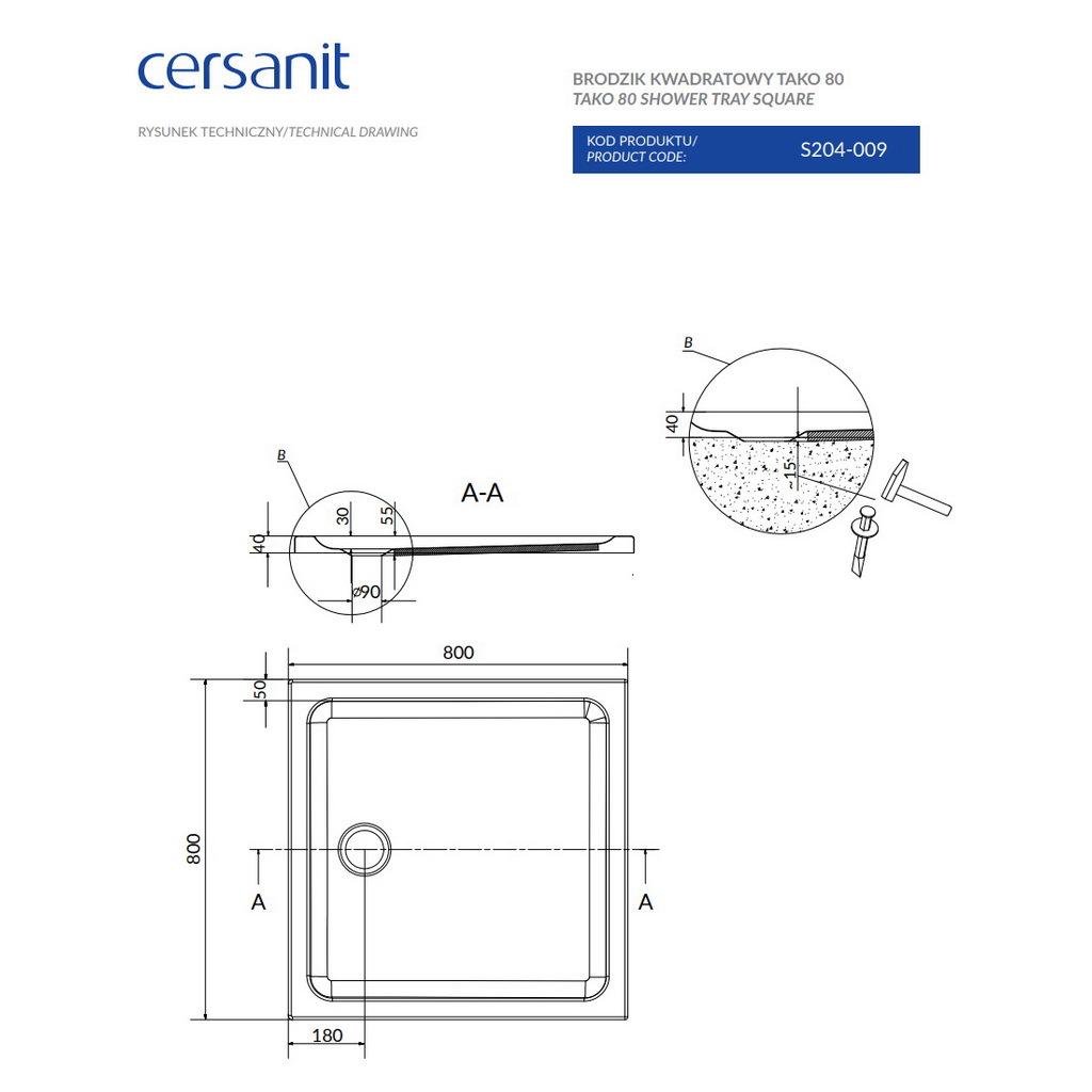 Поддон для душа Cersanit Тако S204-009 акрил 80x80x4 см (247188) - фото 3
