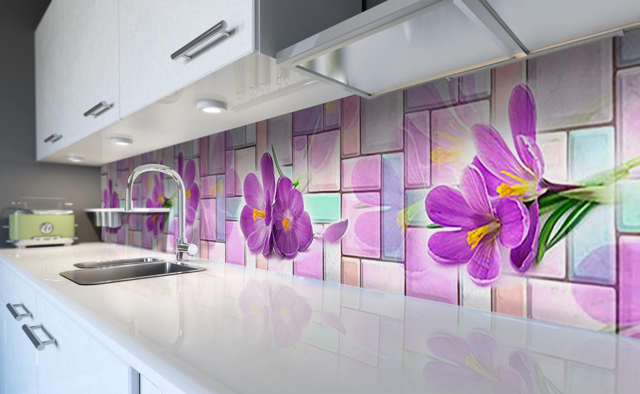 Кухонный фартук Букет крокусов геометрия из самоклеющейся виниловой пленки 65х300 см Фиолетовый