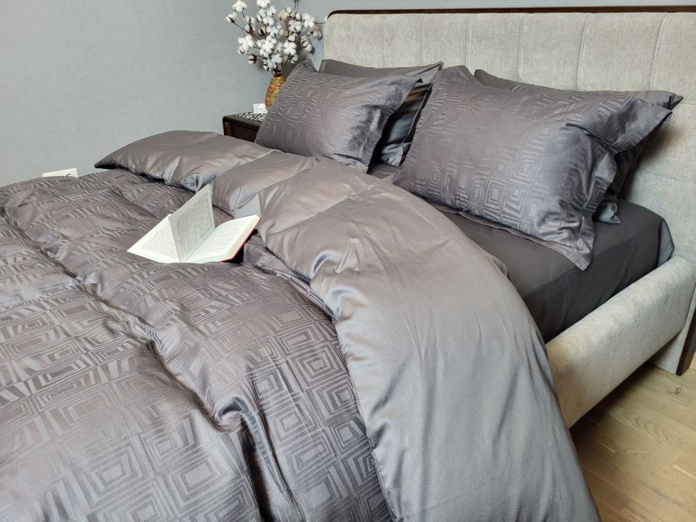 Комплект постельного белья Мир сатин жаккард Premium полуторный/наволочки 50х70/70х70 см Square Dark Grey (6088) - фото 2