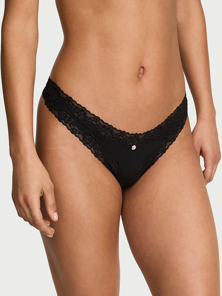 Трусики стринги Victoria's Secret Lace Trim Cotton Lace-Waist Thong Panty Black M Черный (27275809)
