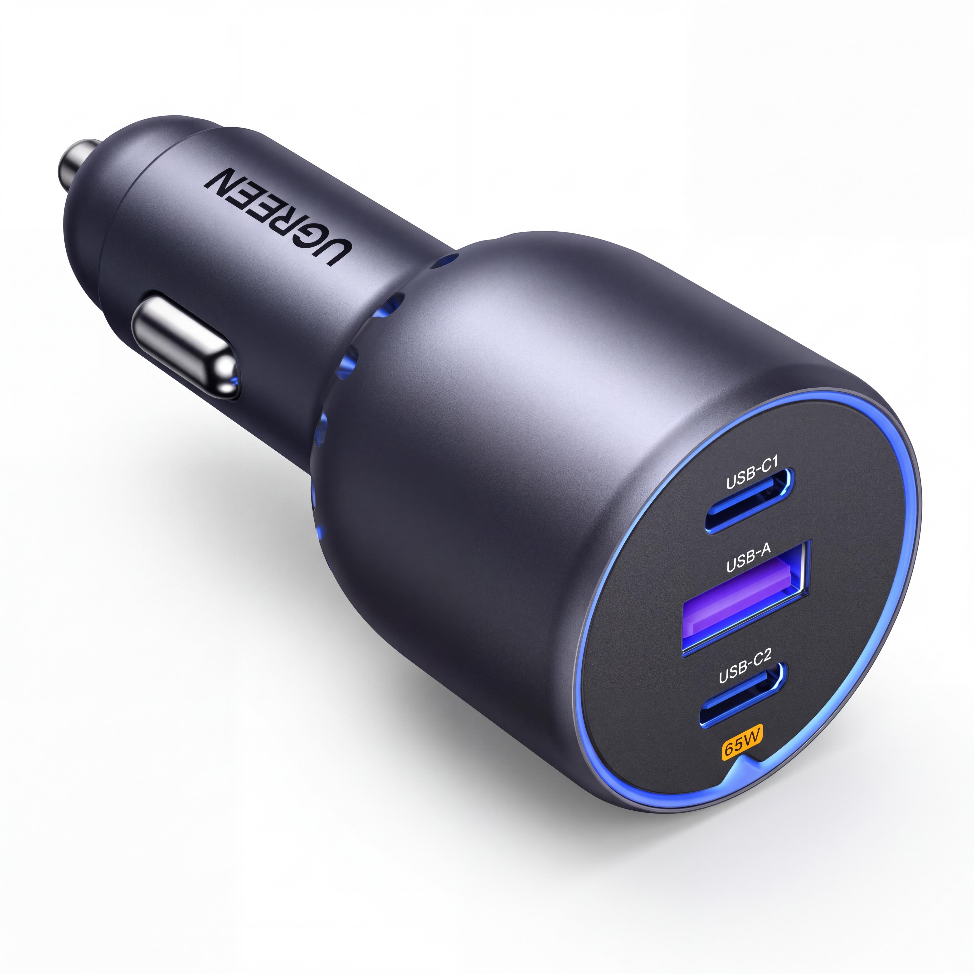 Автомобильное USB-зарядное устройство UGREEN EC703 без кабеля 2 USB-C/1 USB-A суммарно до 75 Вт USB-C PD до 65 Вт PD 3.0 QC 3.0 PPS 2.0 Серый (35024)