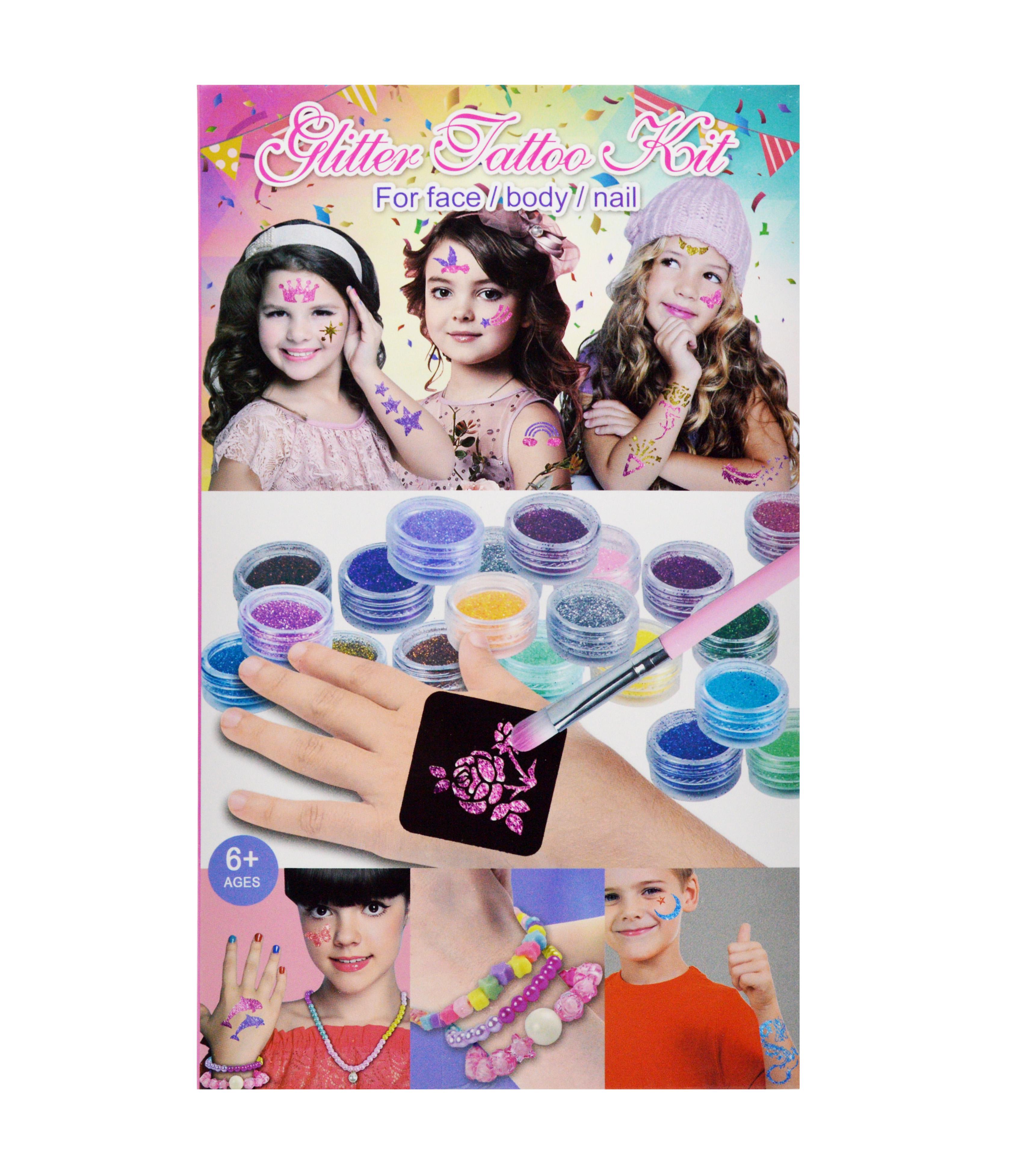 Детский набор для тату 784-5 24 цвета глиттера 2 бутылочки клея трафареты переводные тату Детский набор для тату 784-5 24 цвета глиттера 2 бутылочки клея трафареты переводные тату