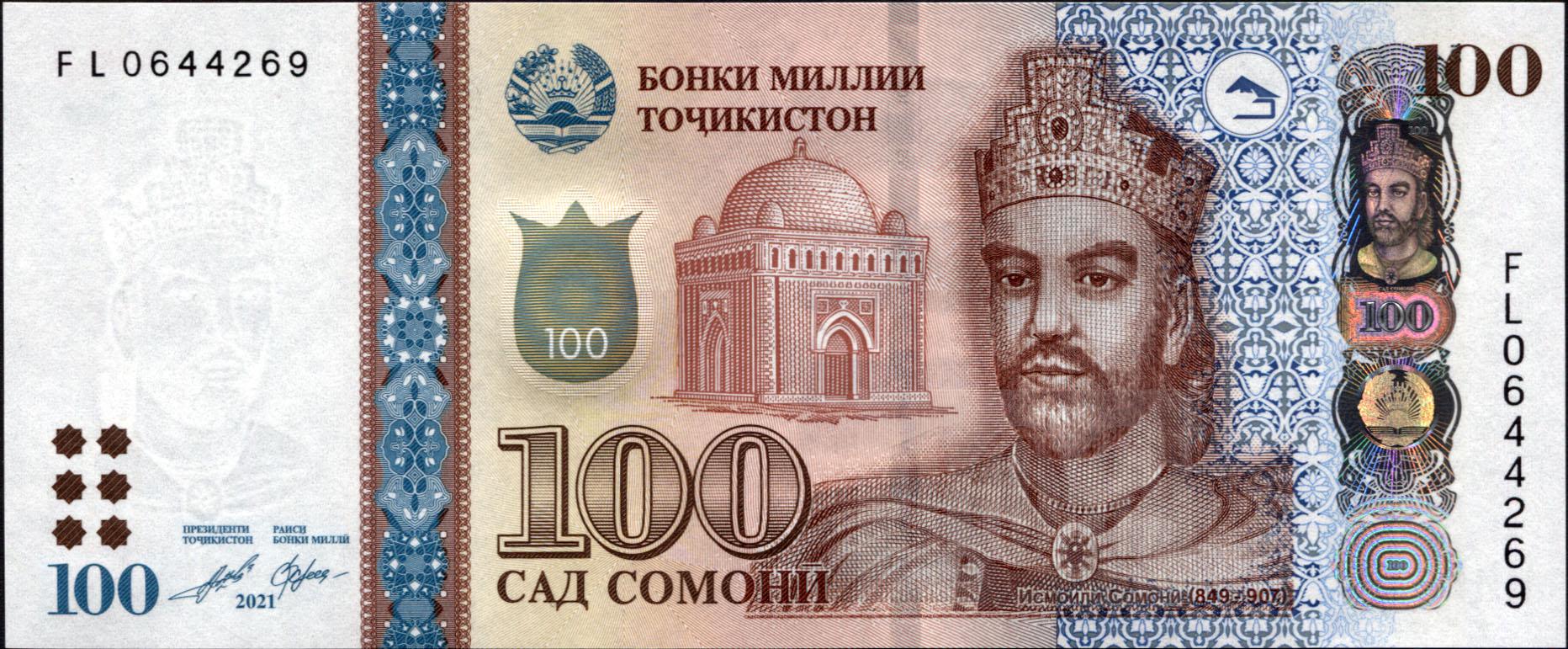 Коллекционная банкнота Таджикистан 2021 100 сомонов UNC