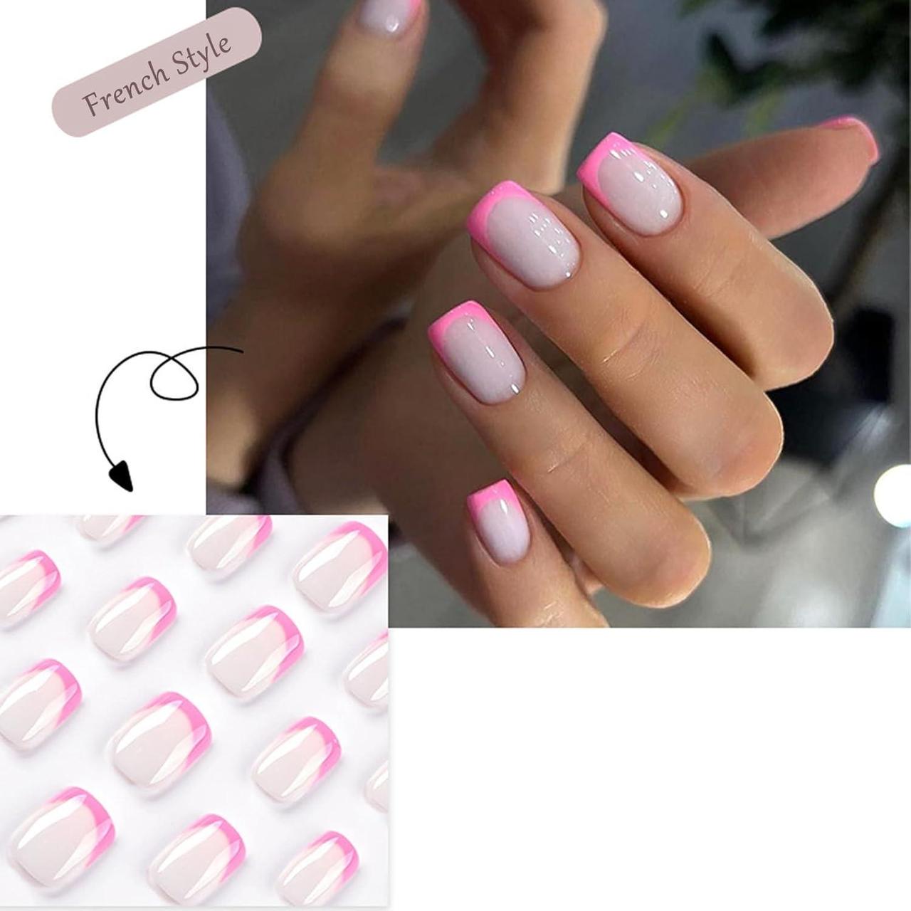 Накладні нігті короткі Кольоровий френч квадрат з клейовими пластинами та пилкою 24 шт. Рожевий (2789190718) - фото 3
