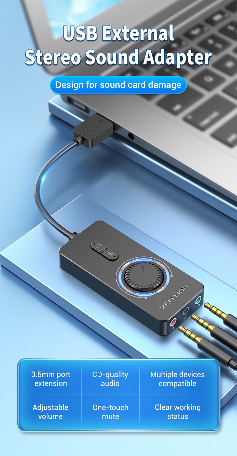 Звукова карта з підтримкою мікрофону Vention USB-3x 3,5 мм minijack 16 біт/48 кГц TRS AUX з керуванням гучності 0,5 м Чорний (CDRBD) - фото 2