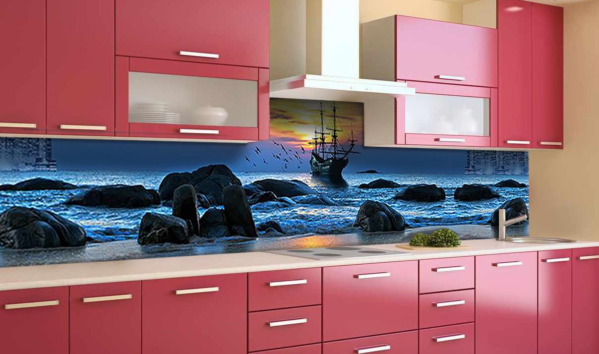 Кухонный фартук Корабль у берега скалы из самоклеящейся виниловой пленки 60х300 см Синий