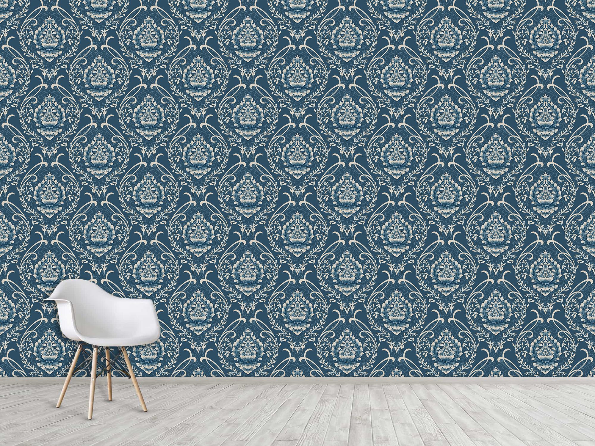 Фотообои флизелиновые Upstream Винтажный орнамент с лотосом на темно-синем фоне 345х230 см (VINT-005/6)