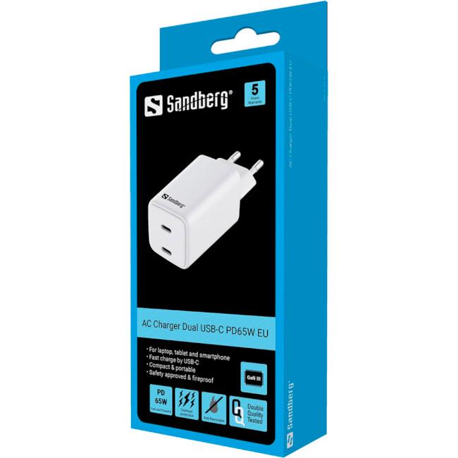 Зарядний пристрій Sandberg Dual USB-C PD65W White (441-56) - фото 4