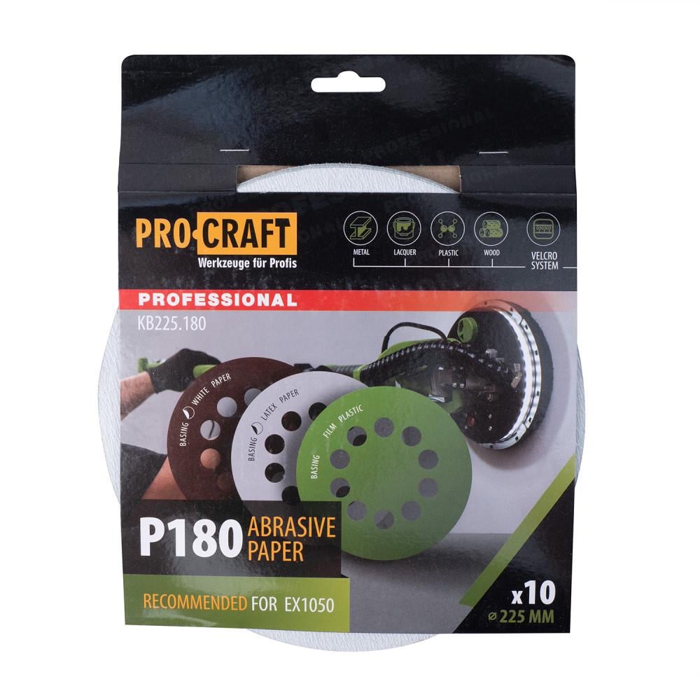 Круг шлифовальный самозацепной Procraft KB225 P180 для шлифмашин EX1050, EX1050K/EX750 10 отверстий 10 шт 225 мм
