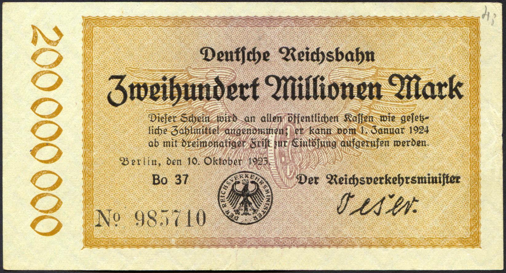 Коллекционная банкнота Германия 1923 Reichsbahn 200 000 000 марок 200 миллионов PS1018 aUNC