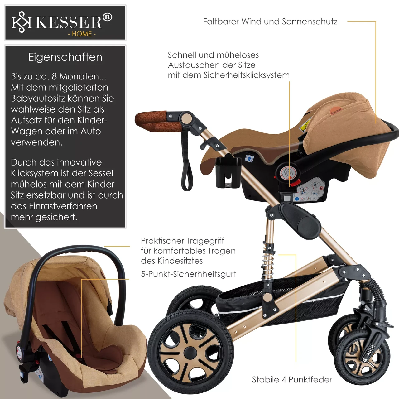 Коляска дитяча з автокріслом KESSER 3в1 94x64x119 см Коричневий/Золотистий - фото 3