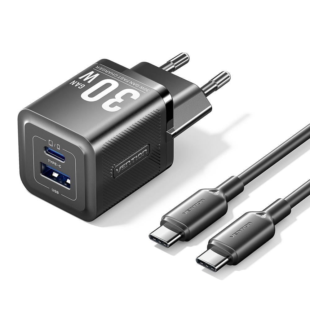 Зарядное устройство Vention GaN III Type-C/USB 30W /Type-C 60Вт 2-портовый USB A+C быстрая зарядка 1 м Черный (TZ-FEQB0-EU-01) Зарядное устройство Vention GaN III Type-C/USB 30W /Type-C 60Вт 2-портовый USB A+C быстрая зарядка 1 м Черный (TZ-FEQB0-EU-01)