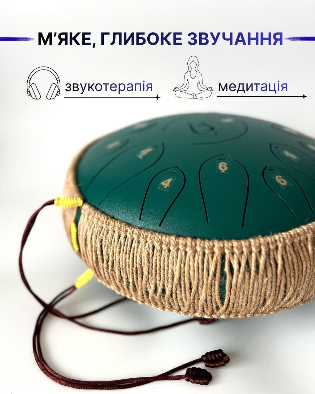 Глюкофон на 15 нот Tongue Drum Soul с сумкой и аксессуарами 30 см Green (2814626821) - фото 3