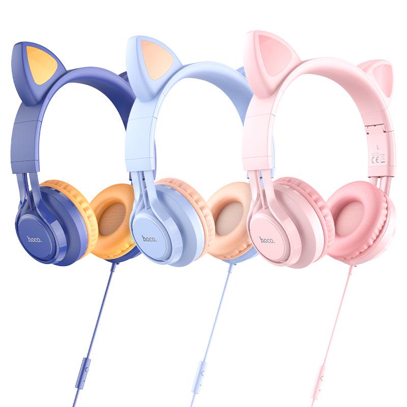 Наушники детские с микрофоном Hoco W36 Cat ear ведущие с кошачьими ушками Светло-голубой - фото 4