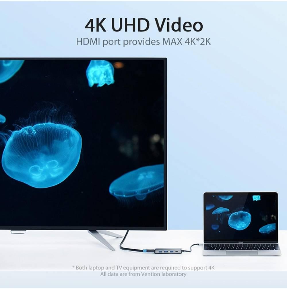 USB-хаб Vention Type-C to HDMI/USB3.0х3/PD Converter 0.15M Gray Metal Type (CNBHB) - фото 3 USB-хаб Vention Type-C to HDMI/USB3.0х3/PD Converter 0.15M Gray Metal Type (CNBHB) - фото 3