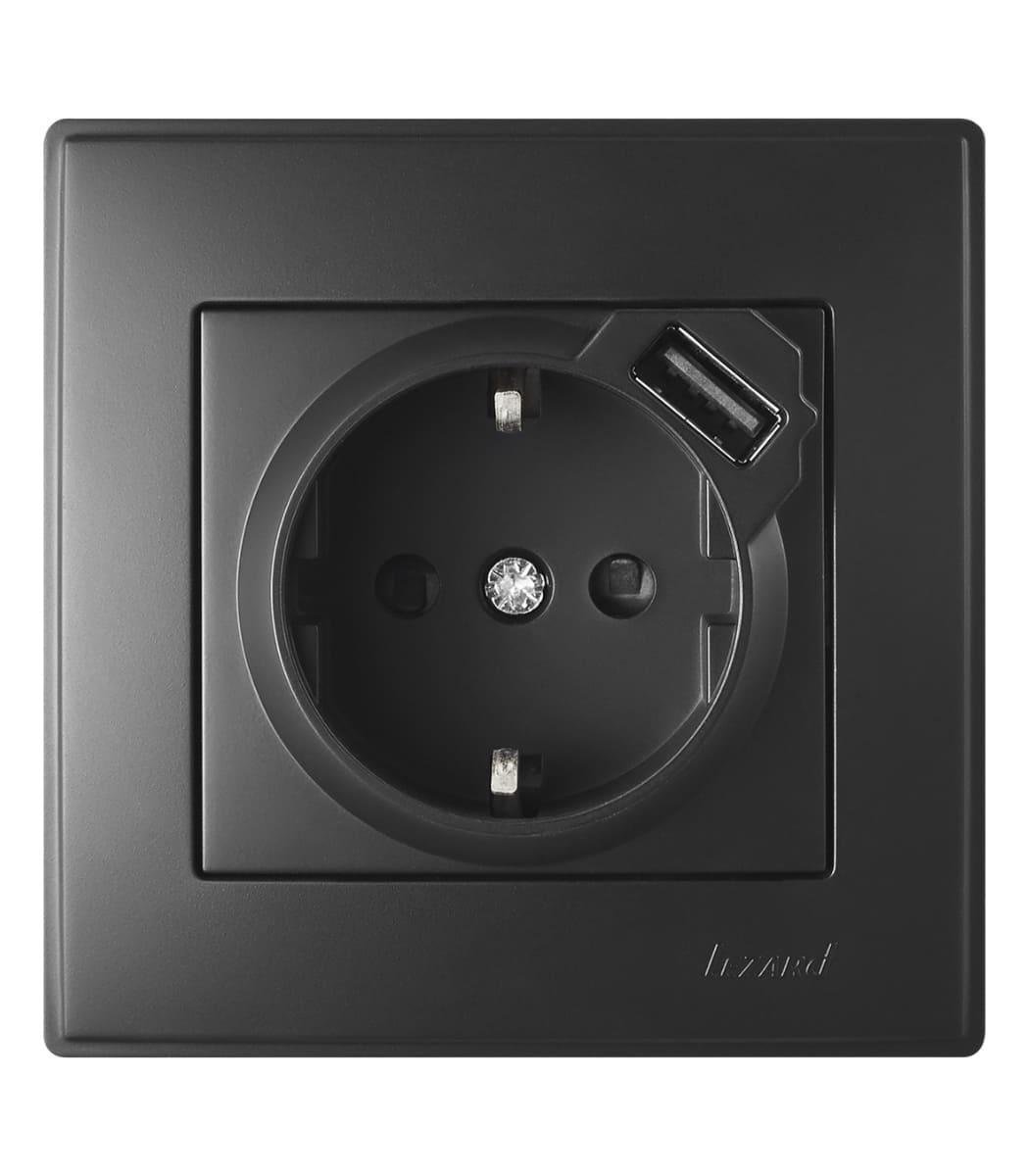 Розетка с заземлением и USB Lezard LESYA Антрацит (705-4242-181)