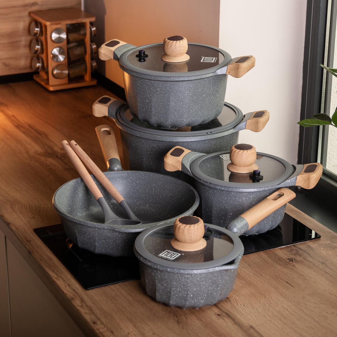 Набор посуды MGC 4 кастрюли алюминиевое толстое дно с лопаткой и половником Серый - фото 5