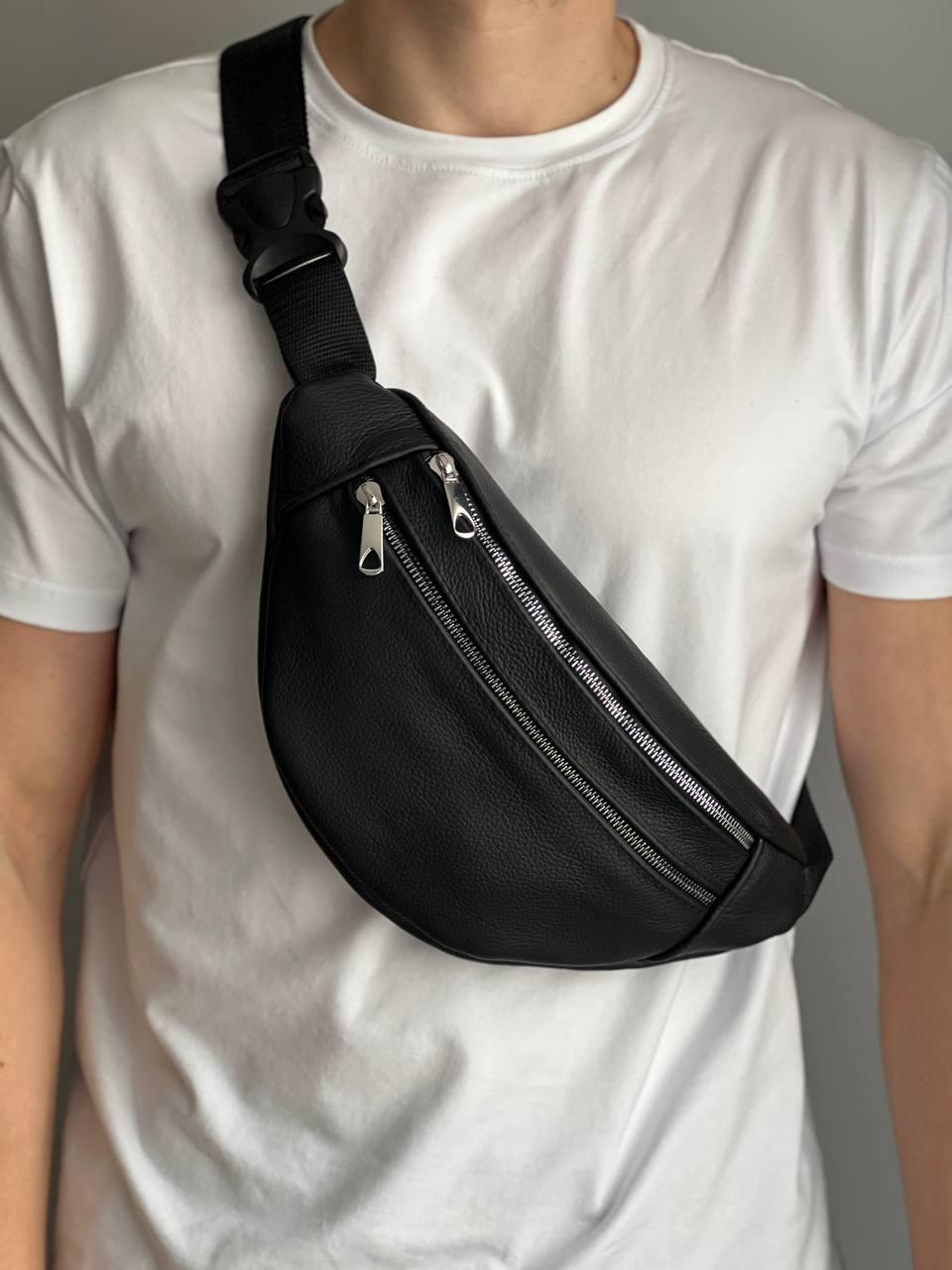 Сумка бананка на пояс мужская натуральная кожа флотар Черный (743593959)