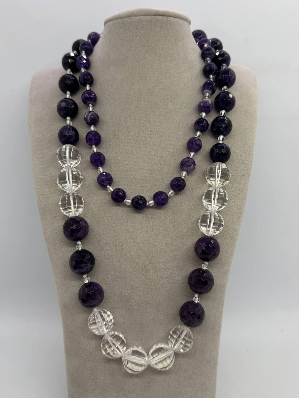 Намисто з аметисту і кварцу 10-20 мм 100 см Фіолетовий (13035)