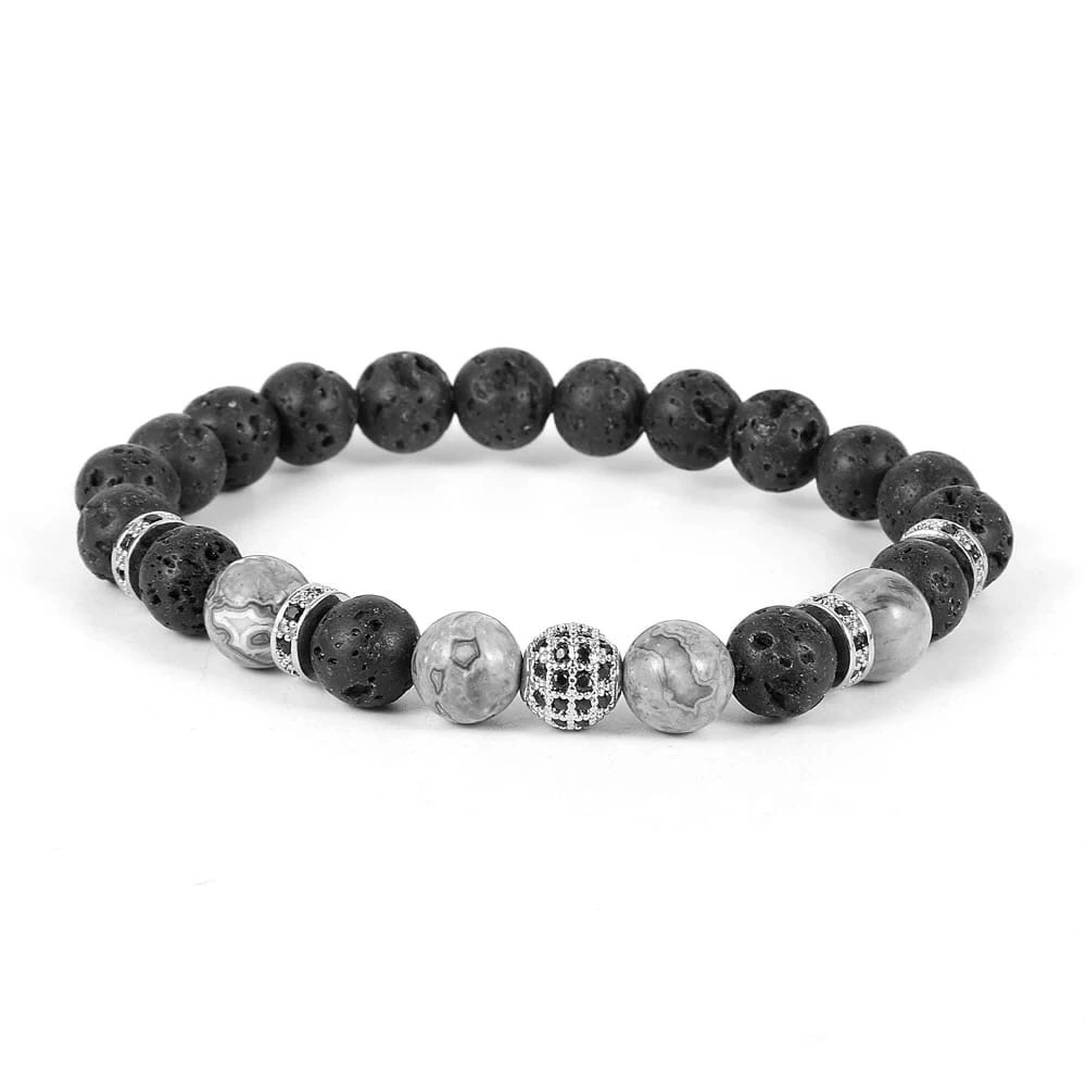 Браслет з лавового каменю та яшми з кулею та дисками р. 14 (90099)