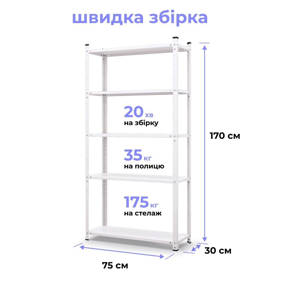 Стеллаж металлический на 5 полок 170х75х30 см Белый (МИА-117) - фото 2