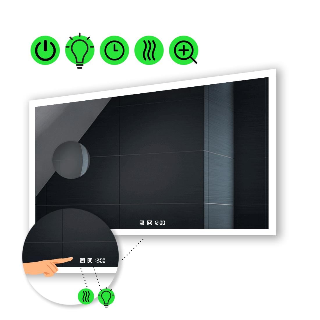 LED-зеркало 100x80 см с двумя сенсорами/часами/подогревом и линзой без подсветки Simphony (Simphonyg161)