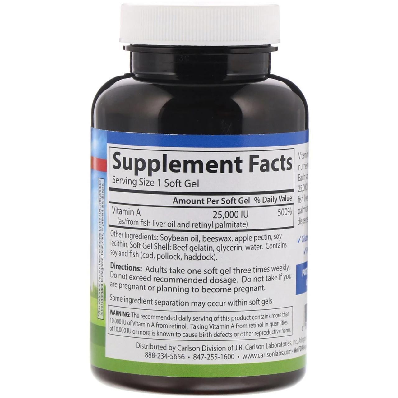 Вітамін A 25 000 МО Carlson Labs Vitamin A ретинол пальмітат 300 капс. - фото 2 Вітамін A 25 000 МО Carlson Labs Vitamin A ретинол пальмітат 300 капс. - фото 2
