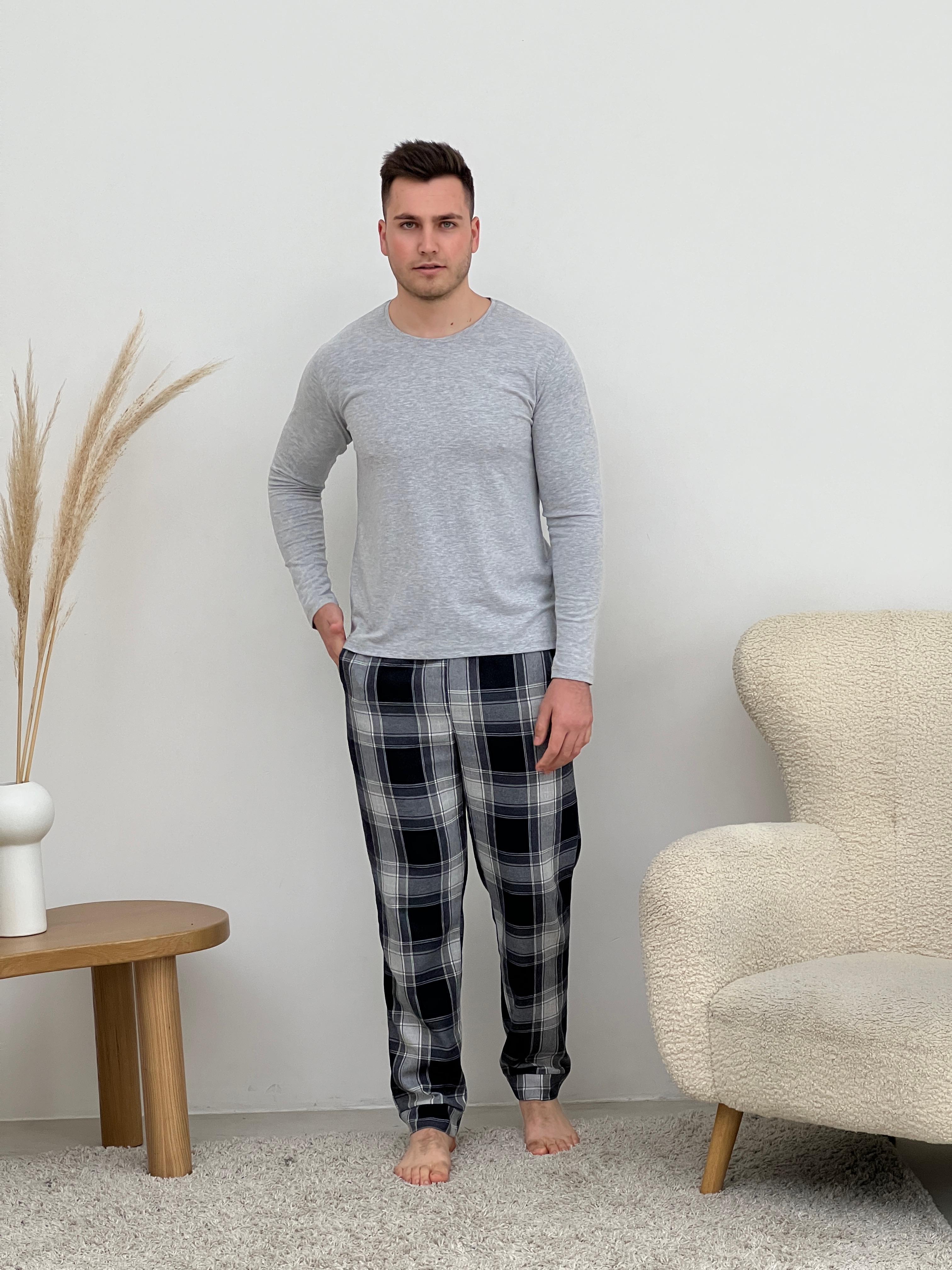 Пижама из фланели мужская COSY брюки/лонгслив XL Темно-синий/Серый (F600P+L03) - фото 1