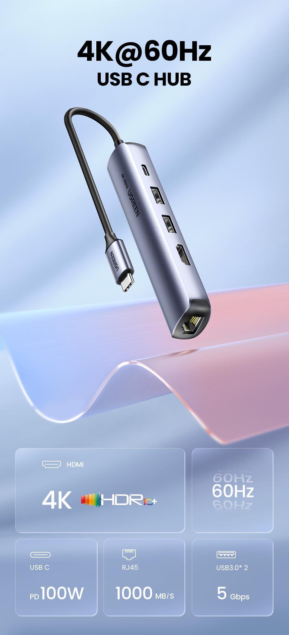 USB-хаб UGREEN Type-C-2x USB 3.0/5 Гбіт/с HDMI 4K 60Hz/RJ45 1 Гбіт/с Type-C PD 100W USB-C Сірий (10919) - фото 3 USB-хаб UGREEN Type-C-2x USB 3.0/5 Гбіт/с HDMI 4K 60Hz/RJ45 1 Гбіт/с Type-C PD 100W USB-C Сірий (10919) - фото 3