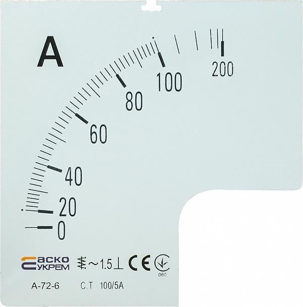 Шкала для амперметра АСКО-Укрем А-72-6 100/5А 72x72 мм (A0190010069)