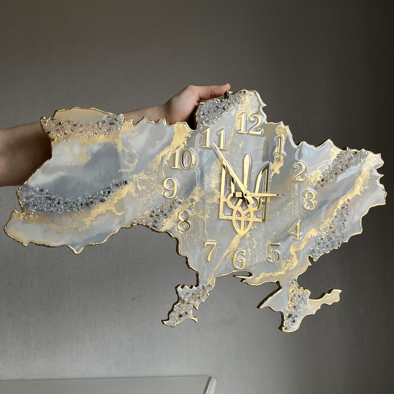 Часы настенные из эпоксидной смолы Карта Украины 60х38 см