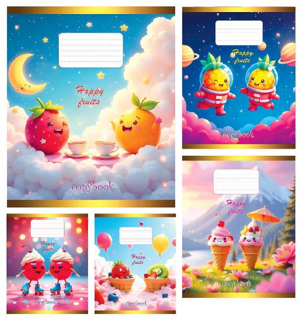 Зошити учнівські Тетрада Щасливі фрукти в клітинку тверда палітурка 12 арк. 25 шт. (MTT-199152)