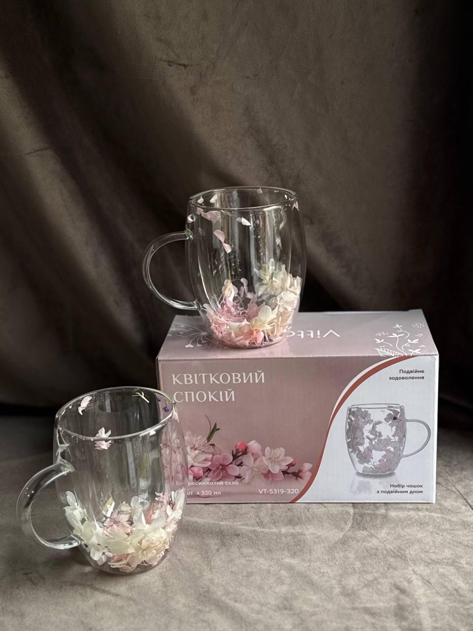 Набір чашок Vittora Квітковий спокій з подвійним дном та сухоцвітами у стінках 2 шт 320 мл Прозорий (VT-5319-320) - фото 2